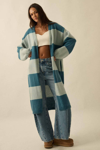 Striped Knit Open Cardi Blue