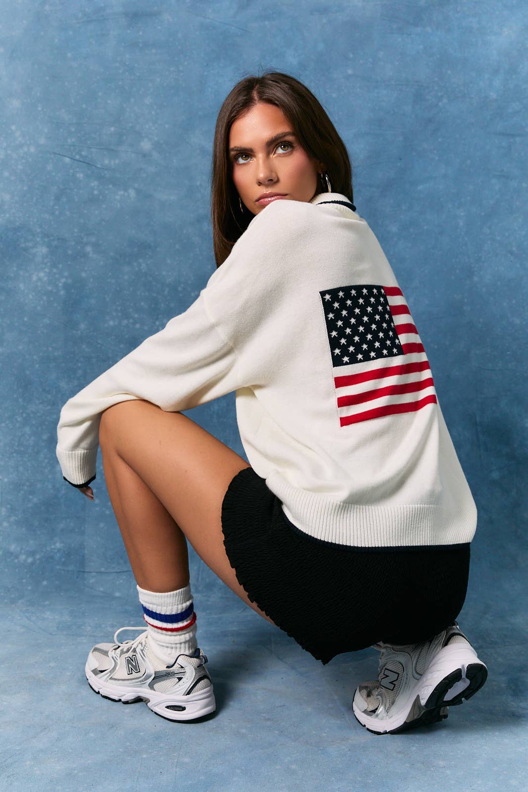 COLLARED "USA" FLAG HALF ZIP SWEATER