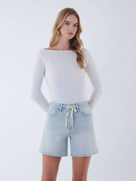HIGH RISE DRAWSTRING MIDI DENIM SHORTS