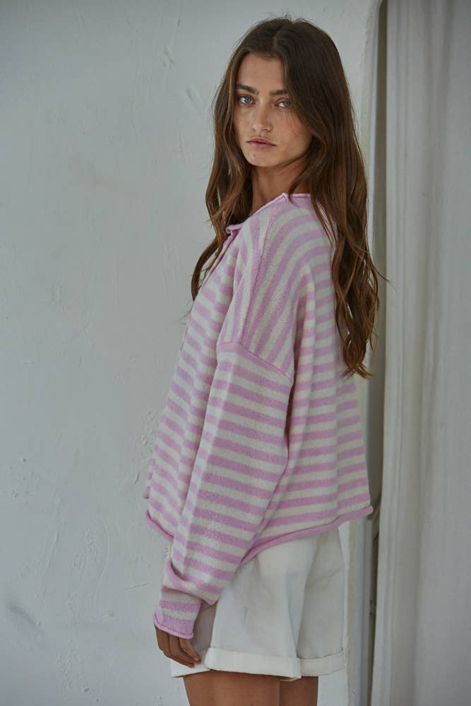 Knit Striped Sweater Cardigan Pink