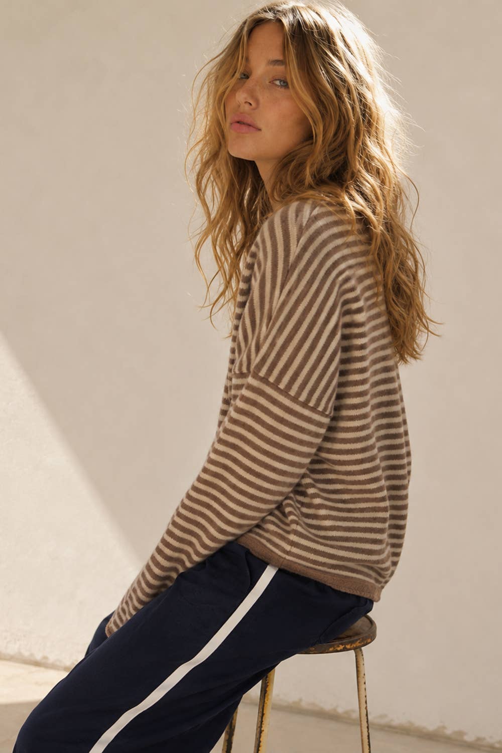 Soft Stripe Knit Sweater Cream + Brown