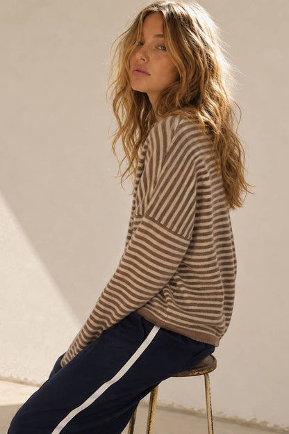 Soft Stripe Knit Sweater Cream + Brown