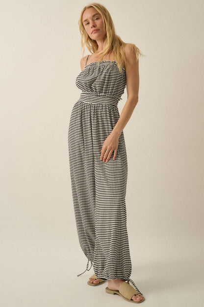Gingham Plaid Open-Back Bubble-Leg Cami Jumpsuit
