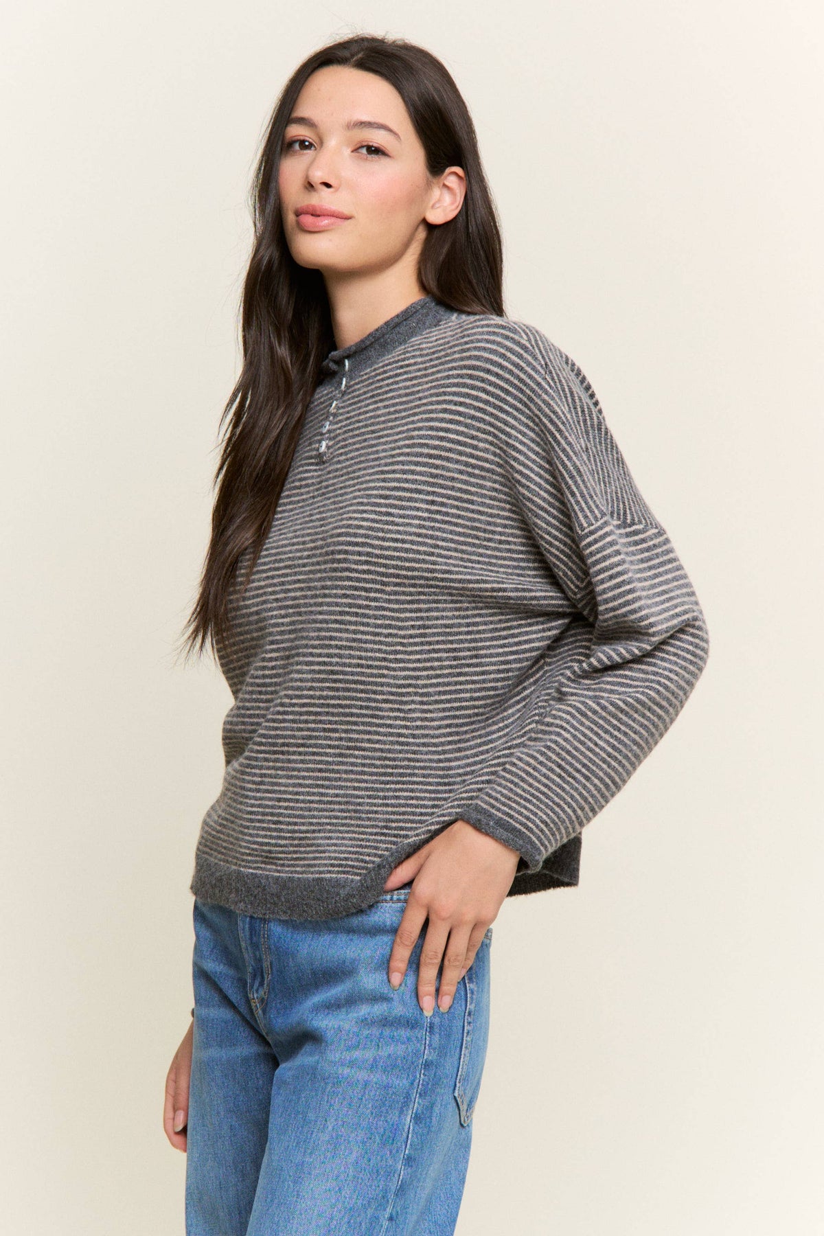 Striped Henley Knit Sweater