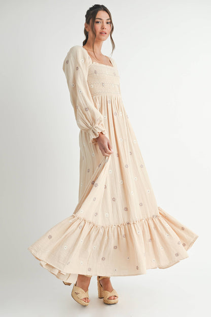 Long Sleeve Embroidery Maxi Dress.