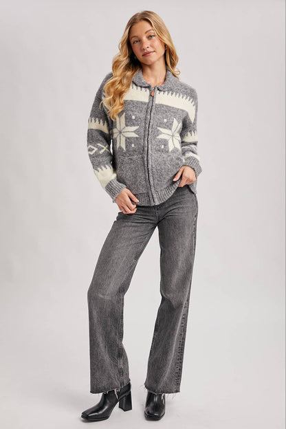 FAIR ISLE FUZZY KNIT FRONT ZIPPER CARDIGAN