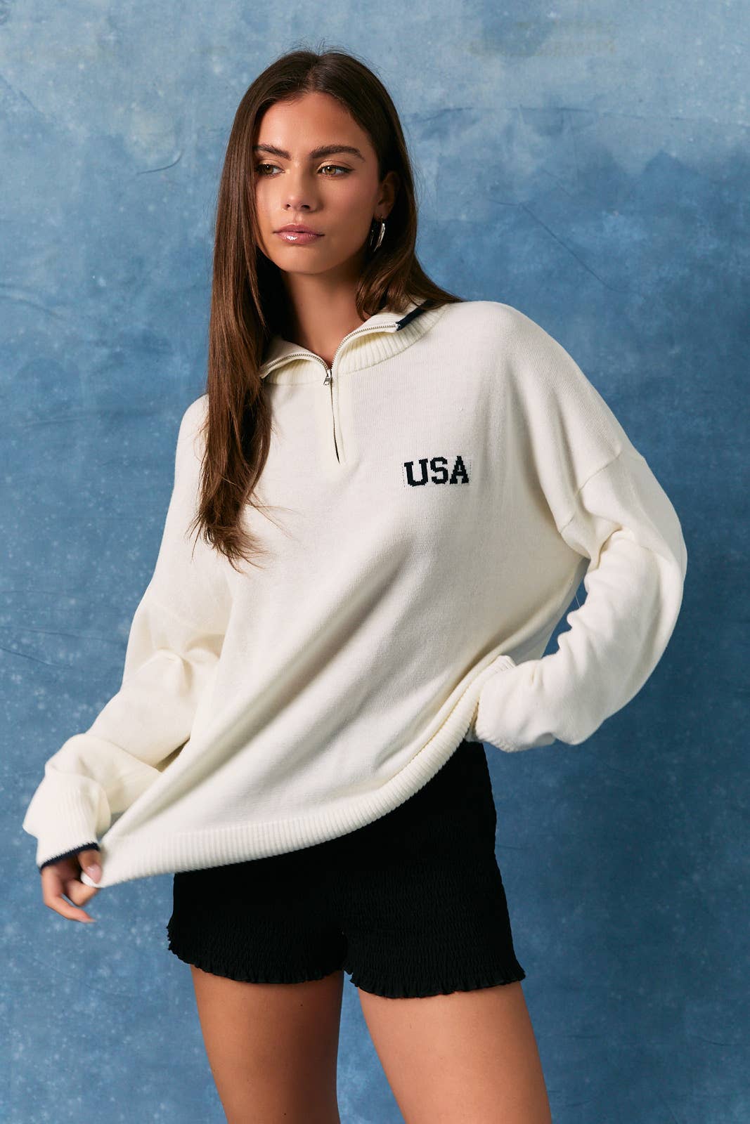 COLLARED "USA" FLAG HALF ZIP SWEATER