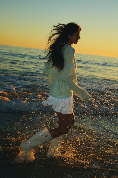 LONG SLEEVE ROLLED HEMLINE DETAIL STRIPE HALF BUTTON SWEATER