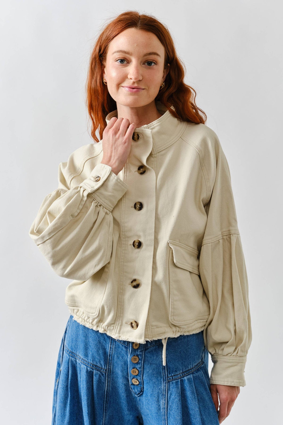 Balloon Sleeve Twill Jacket in Cream