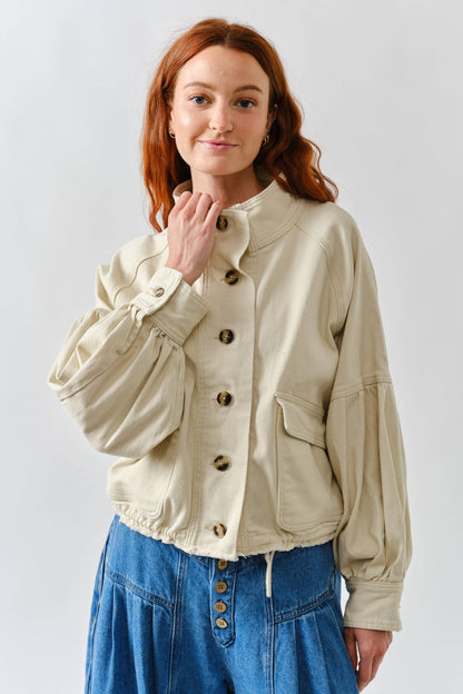 Balloon Sleeve Twill Jacket in Cream