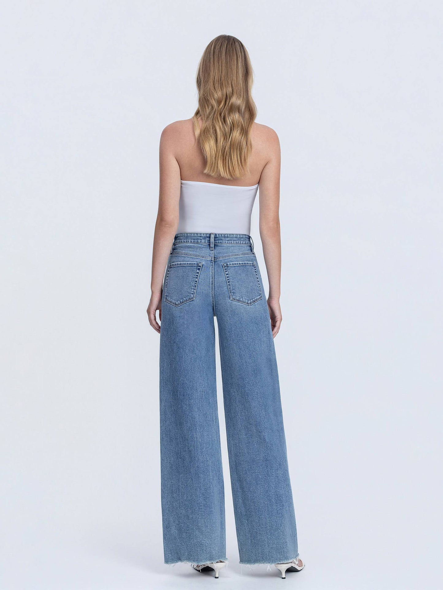 SUPER HIGH RISE MEDIUM WASH RAW HEM WIDE LEG