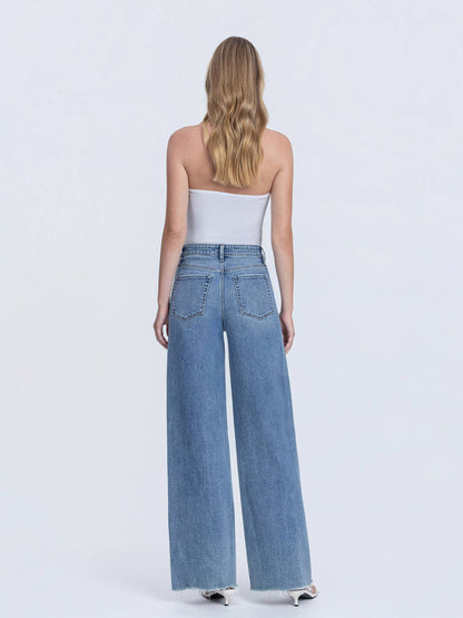 SUPER HIGH RISE MEDIUM WASH RAW HEM WIDE LEG