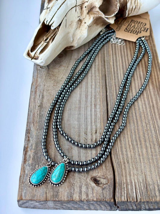 3 Layer Beaded Necklace w/ Teardrop Turquoise