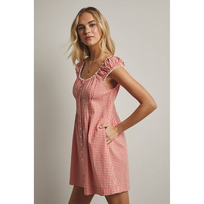 GINGHAM BUTTON-UP MINI DRESS Red Combo