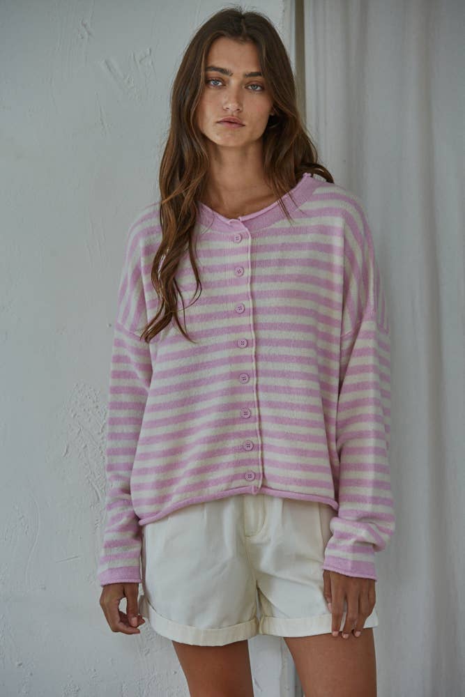 Knit Striped Sweater Cardigan Pink