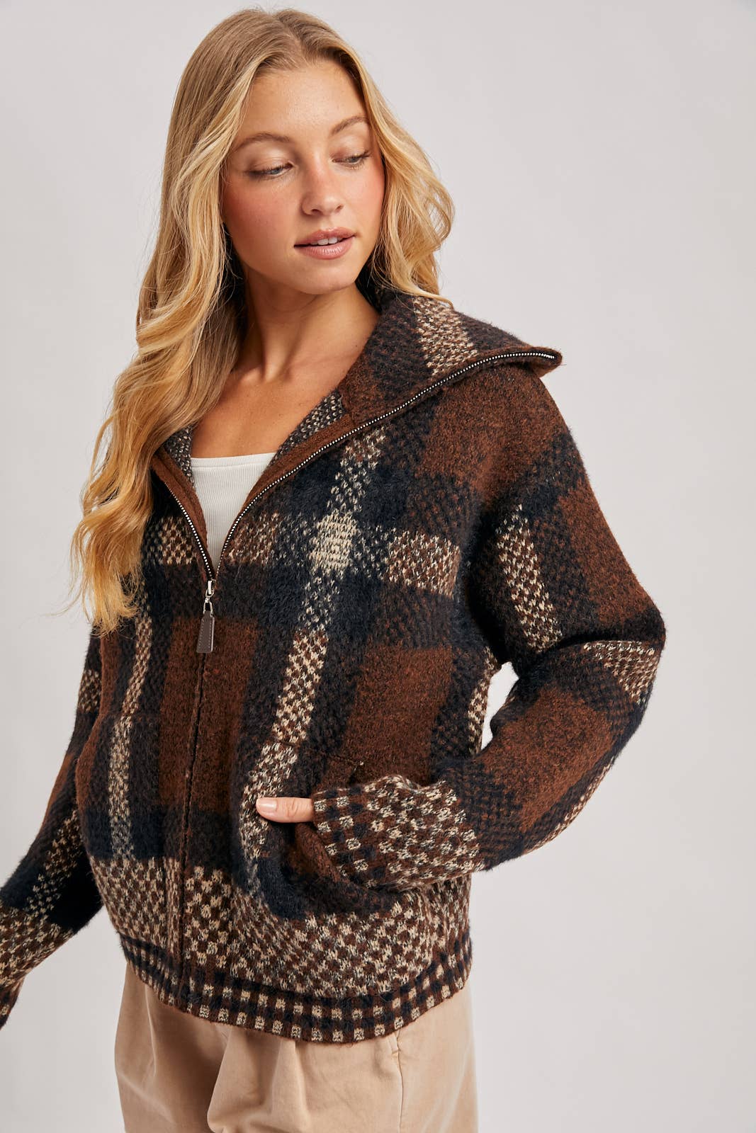 Plaid Wide Collar Zip Sweater