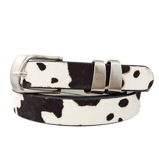 Silver DBL Loop Buckle Cow Hair Leather Belt