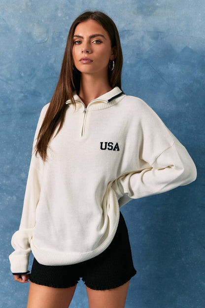COLLARED "USA" FLAG HALF ZIP SWEATER