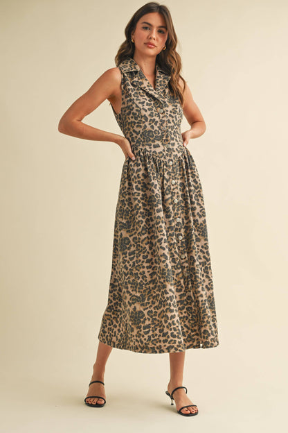 LEOPARD DENIM COLLAR FLARED MIDI DRESS