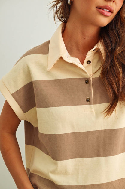 Striped Polo Top Beige