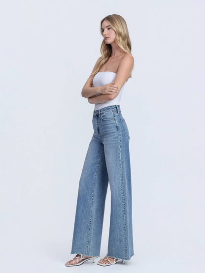 SUPER HIGH RISE MEDIUM WASH RAW HEM WIDE LEG