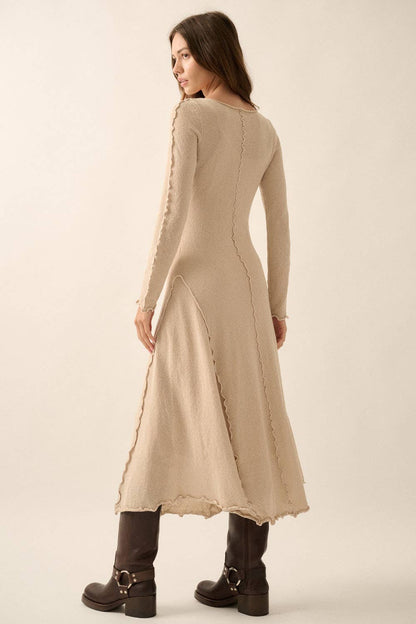 Textured Long-Sleeve Midi Dress