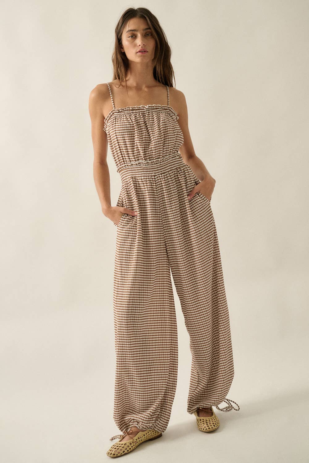 Gingham Plaid Open-Back Bubble-Leg Cami Jumpsuit