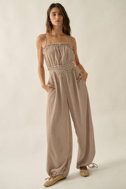 Gingham Plaid Open-Back Bubble-Leg Cami Jumpsuit