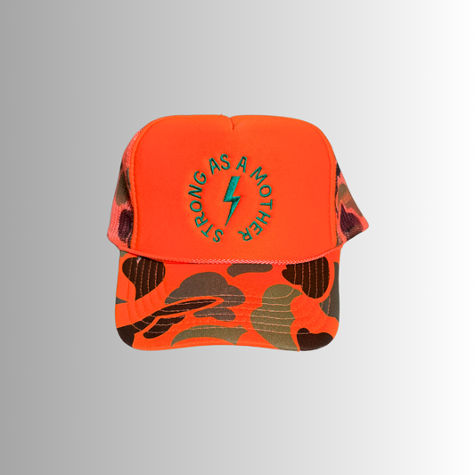 Strong as a mother™ Embroidered Trucker Hat - Neon Orange Camo