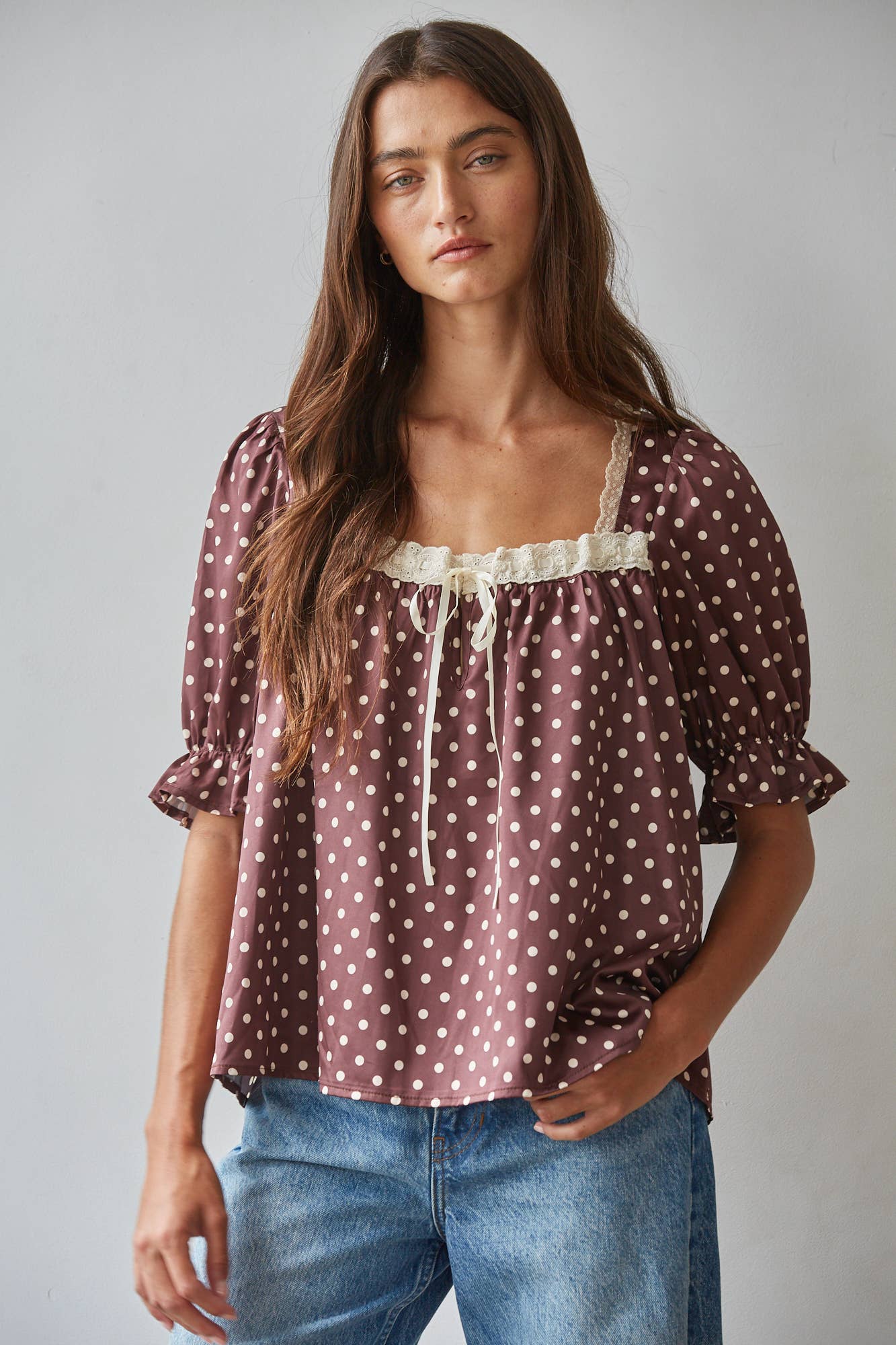 Polka Dot Square Neck Puff Sleeve Top