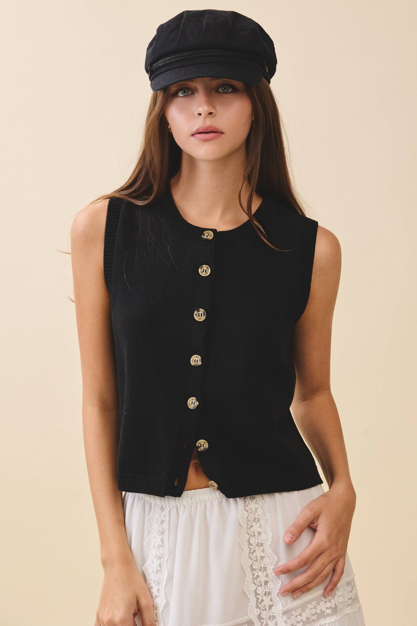 Button Front Knit Vest Top Black