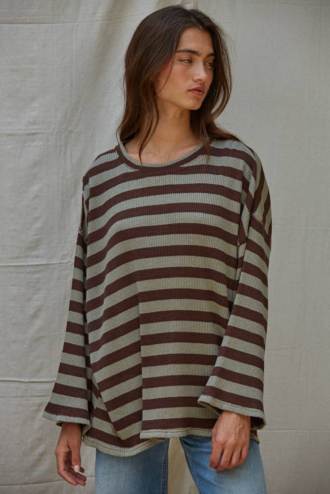 Knit Ribbed Striped Long Sleeve Pullover
