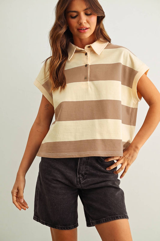 Striped Polo Top Beige