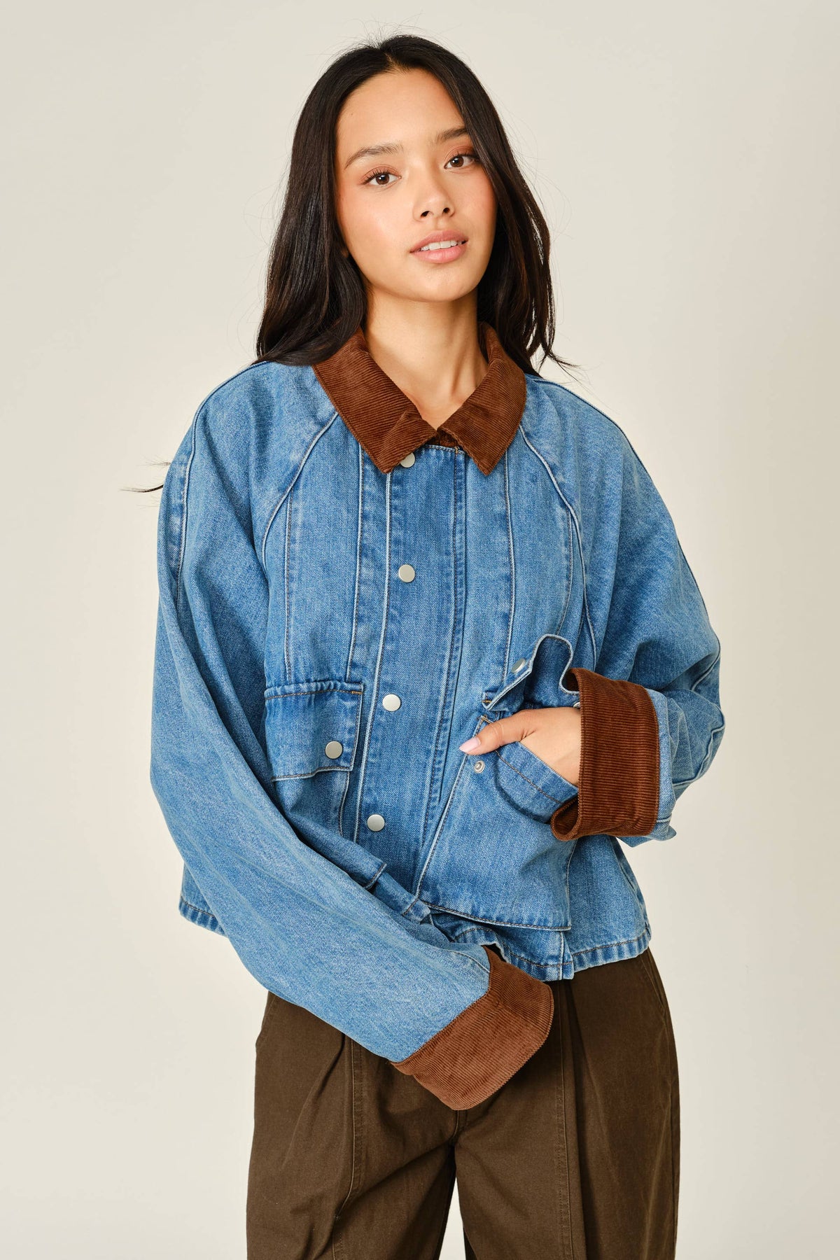 AJJ6209 CORDUROY CONTRAST A-LINE DENIM JACKET
