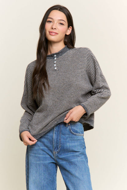 Striped Henley Knit Sweater