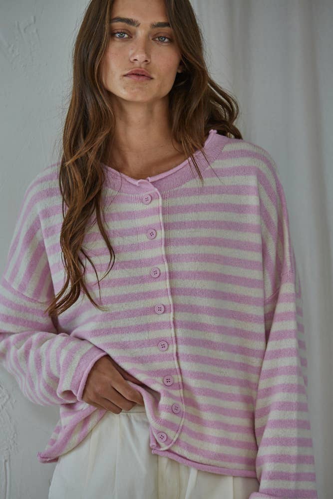 Knit Striped Sweater Cardigan Pink