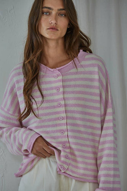Knit Striped Sweater Cardigan Pink
