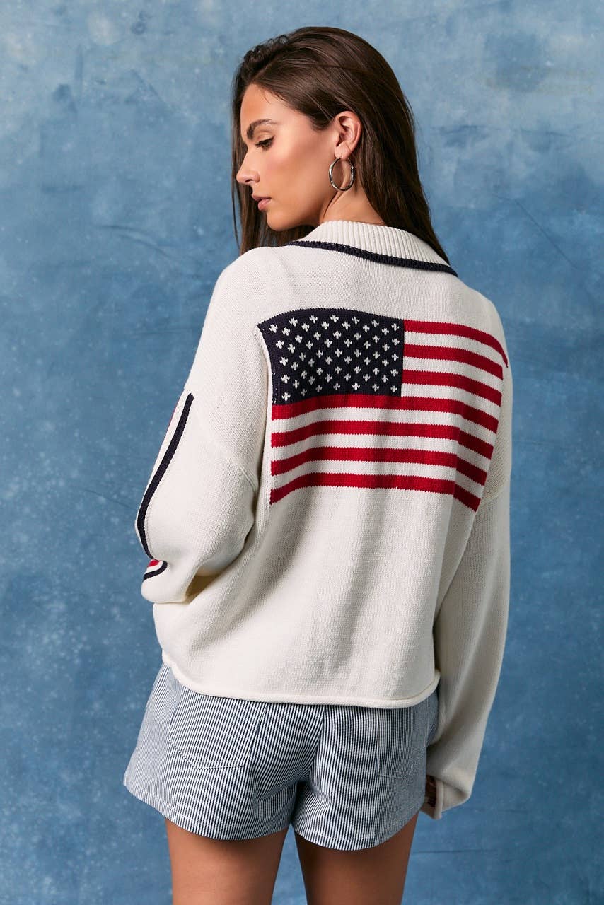 LONG SLEEVE COLLARED "USA FLAG" OVERSIZED SWEATER JACKET