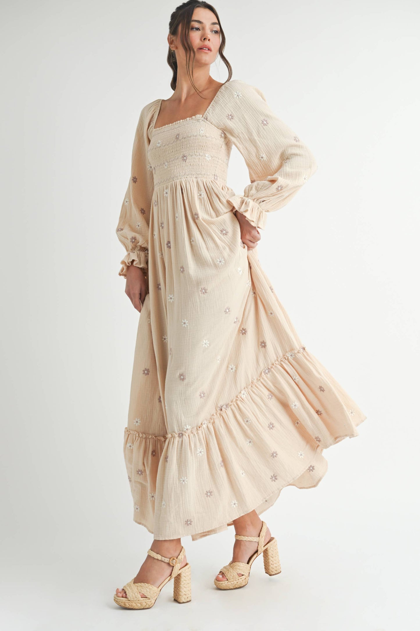 Long Sleeve Embroidery Maxi Dress.