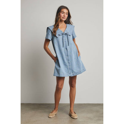 FLORAL PETER PAN COLLARED DENIM MINI DRESS