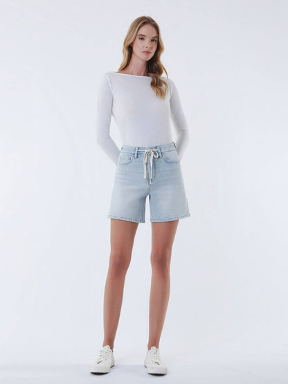 HIGH RISE DRAWSTRING MIDI DENIM SHORTS