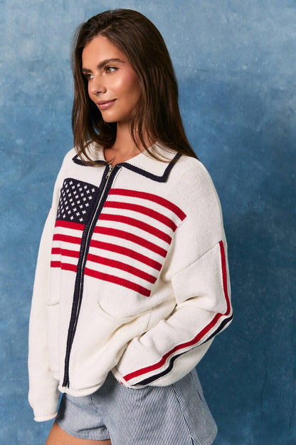 LONG SLEEVE COLLARED "USA FLAG" OVERSIZED SWEATER JACKET