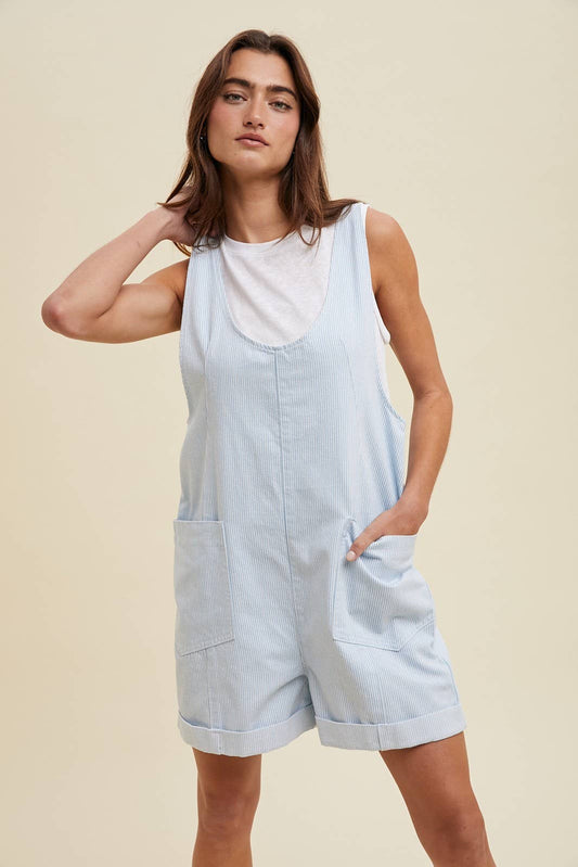 Sky and White Striped Overall Romper