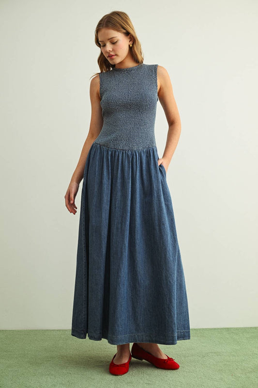 SMOCKED TOP DENIM LONG DRESS