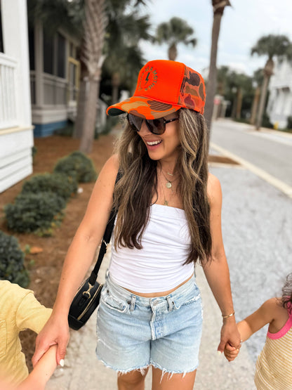 Strong as a mother™ Embroidered Trucker Hat - Neon Orange Camo