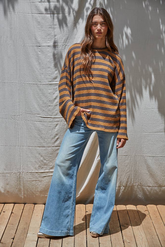 Knit Ribbed Striped Long Sleeve Pullover