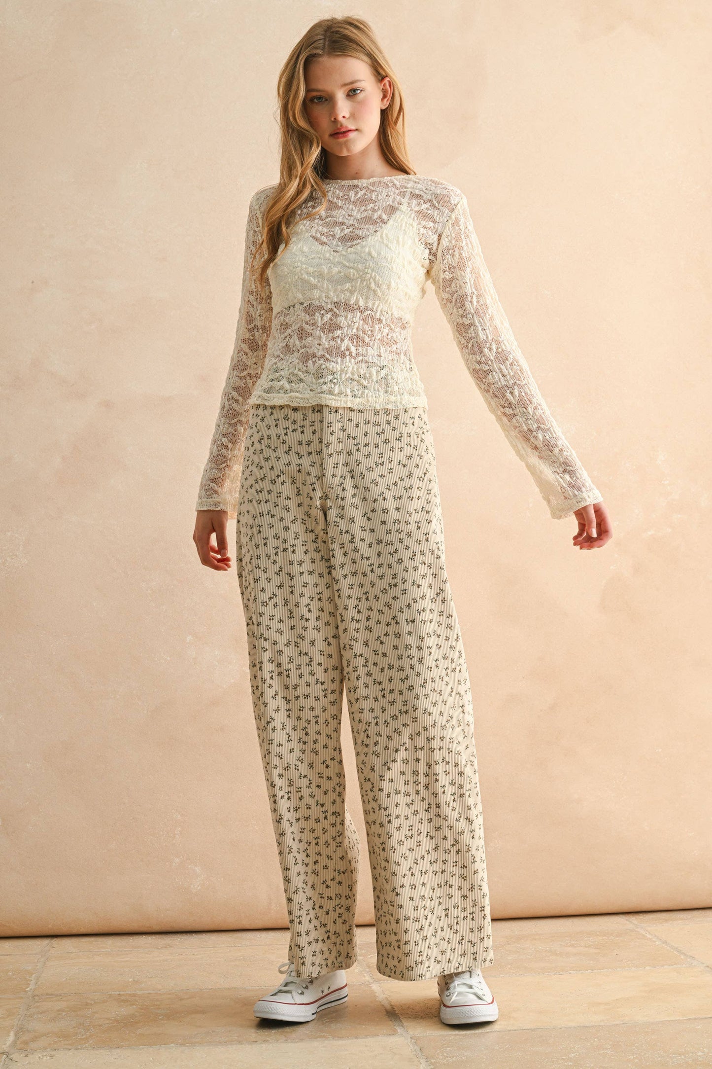 Floral Textured Long Sleeve Cream