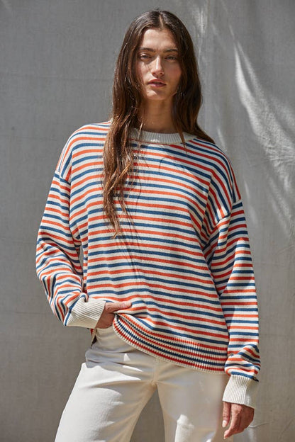 Knit Sweater Multi Color Striped Crew Neck